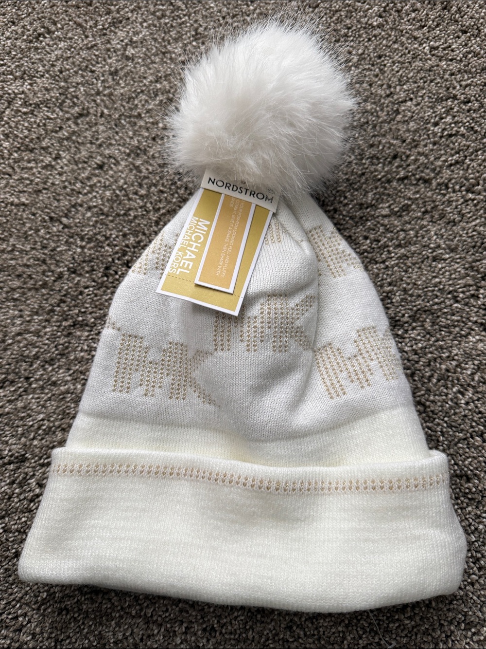 Michael Kors Cream Pom Beanie with Gold Logo Detail